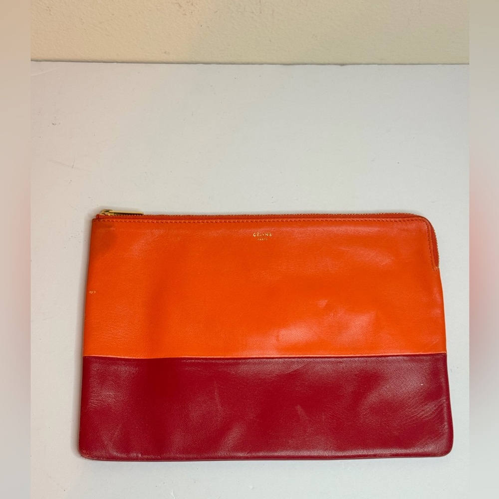Celine Two-Tone Leather Clutch in Red Orange